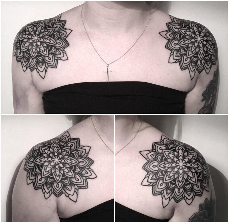 点击大图看下一张：女性肩膀上黑色几何纹身曼陀罗图案纹身