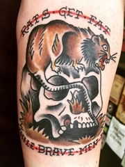 手臂上骷髅头纹身和老鼠纹身花体英文字纹身图案