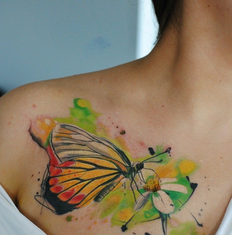 点击大图看下一张：美女超喜爱的水彩泼墨纹身小花朵图案