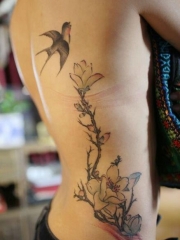 女生腰部彩色燕子花卉纹身图片