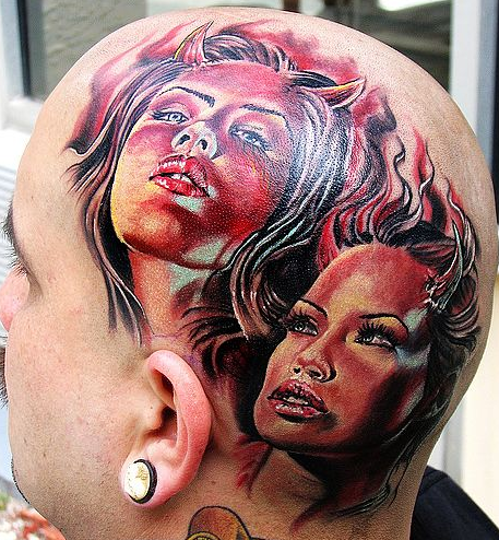 点击大图看下一张：头部恶魔女郎肖像纹身图案
