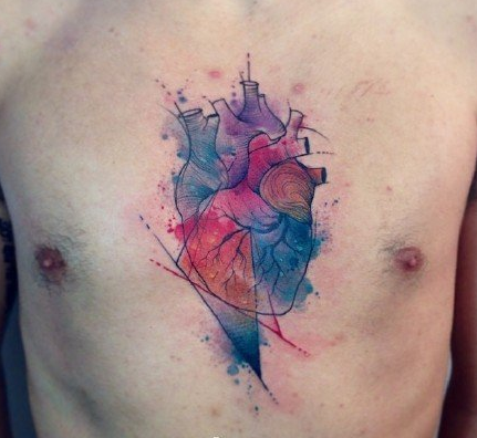 点击大图看下一张：彩色水墨人体心脏纹身图案