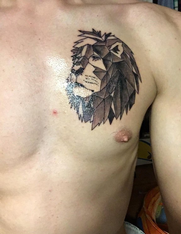 点击大图看下一张：男性左侧胸部上的帅气黑灰色几何风格狮子纹身