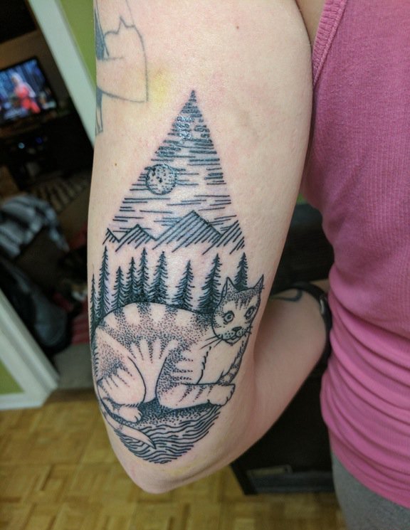 点击大图看下一张：左手大臂上的菱形里的山林和猫纹身