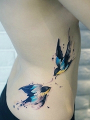 美女腰部两只燕子彩绘纹身图案