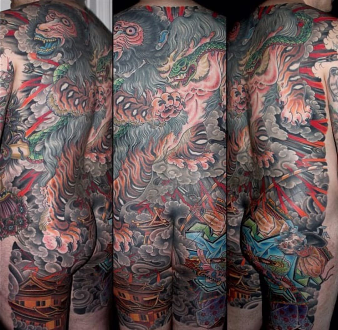 点击大图看下一张：日式纹身花臂彩色传统纹身神话人物和动物纹身图案