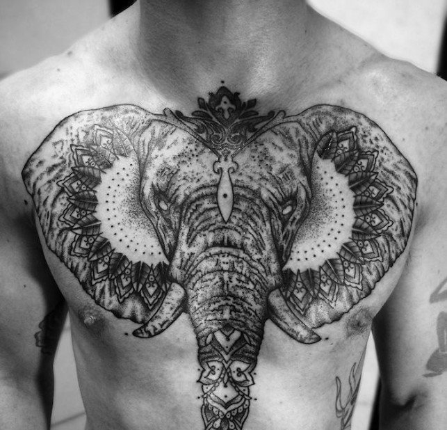 点击大图看下一张：很霸气很精美的正面大象纹身图案