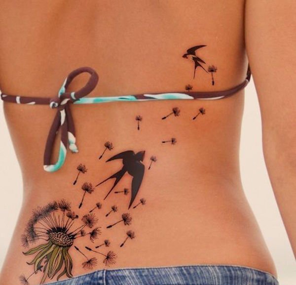 点击大图看下一张：女性身上多种风格的蒲公英纹身动物图案纹身