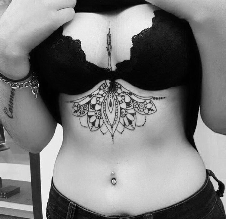 点击大图看下一张:手臂上和胸骨上黑色几何点刺纹身曼陀罗纹身装饰画图案