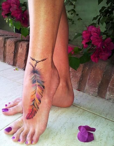 点击大图看下一张：脚背漂亮的彩色羽毛纹身图案