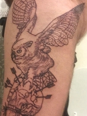 手臂上的黑灰色猫头鹰抓着箭刺骷髅头图案纹身