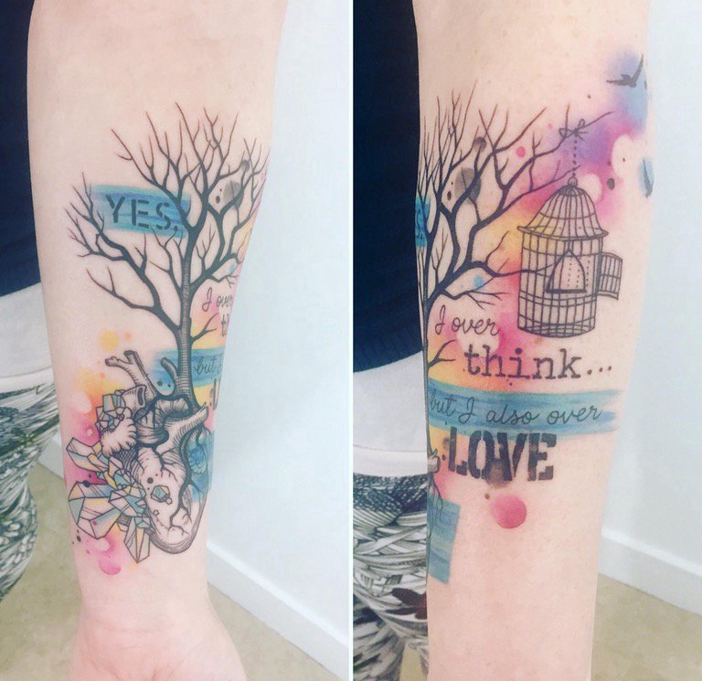 点击大图看下一张：手臂彩绘纹身小树和机械心脏纹身花体英文字纹身图案