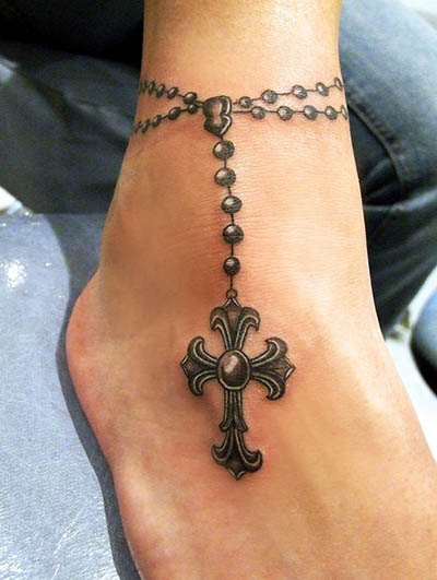 点击大图看下一张：脚踝好看的十字架脚链纹身图案