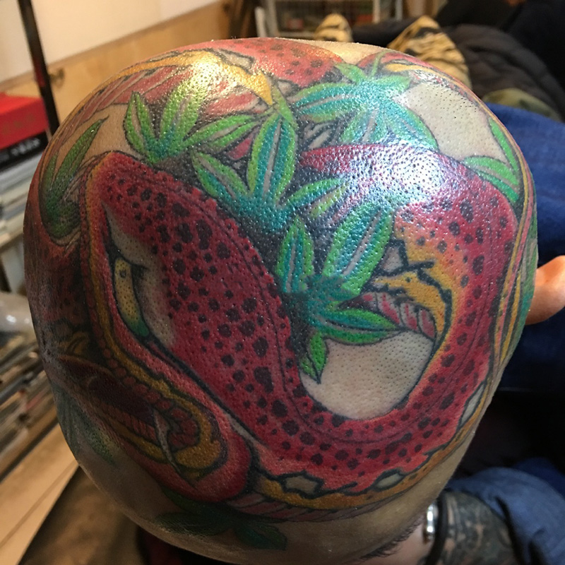 点击大图看下一张：头部日式蛇树叶彩绘纹身图案