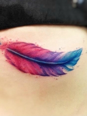 腰部彩色梦幻的羽毛水彩纹身图案