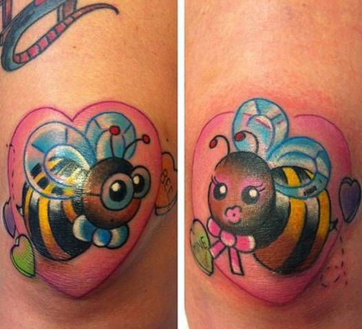 点击大图看下一张：膝盖骨可爱的小蜜蜂心形纹身图案