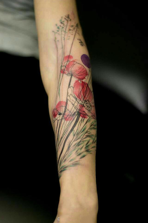 点击大图看下一张：手臂美丽的线条彩绘花朵纹身图案