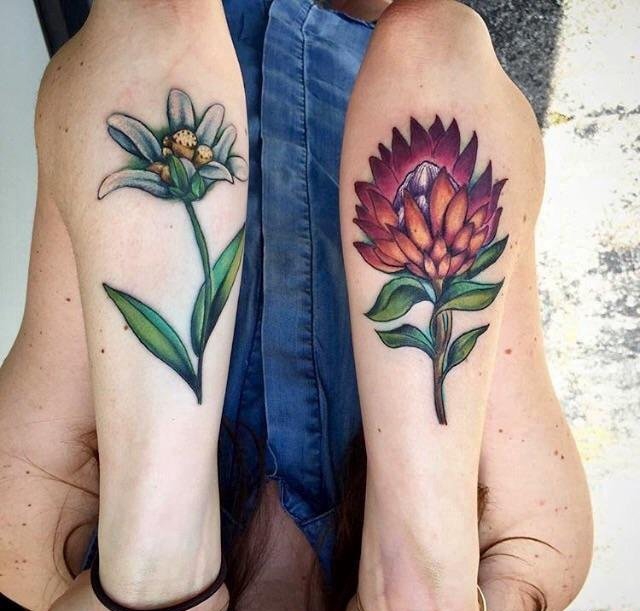 点击大图看下一张：手臂上彩色花朵纹身山龙眼花和雪绒花植物纹身图片