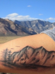 手大臂上的现实风格山丘纹身图片