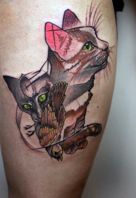 点击大图看下一张:彩色的各种风格猫纹身动物图案纹身