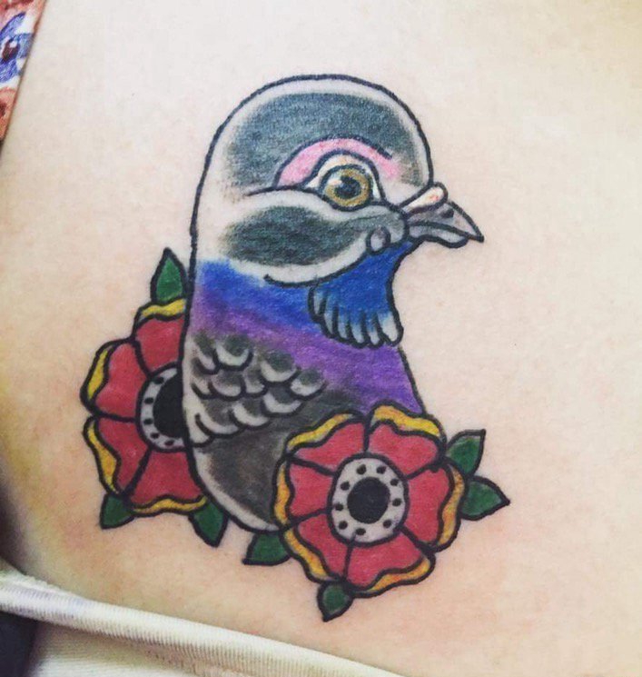 点击大图看下一张：彩色鸽子纹身植物纹身素材动物图案纹身图片