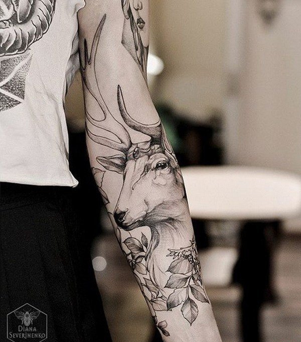 点击大图看下一张：手臂上黑白灰风格点刺纹身图案