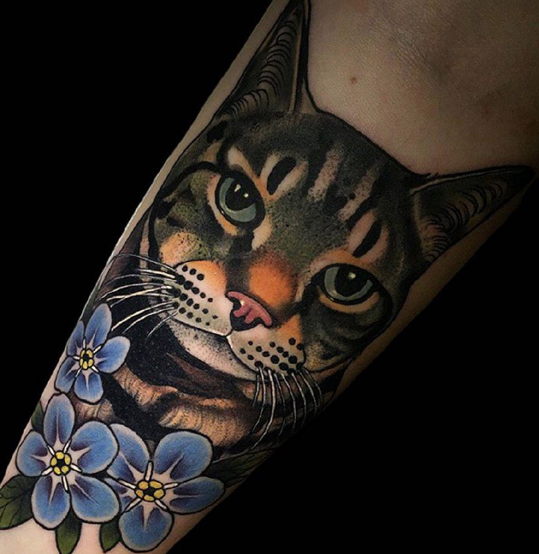点击大图看下一张：手臂猫咪new school彩绘纹身图案