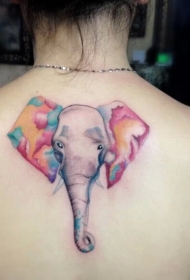 性感女生背部多彩大象纹身图案