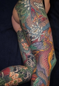 花腿霸气凤凰与蛇彩绘纹身图案