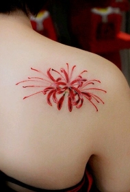 女性背部红色彼岸花纹身图案