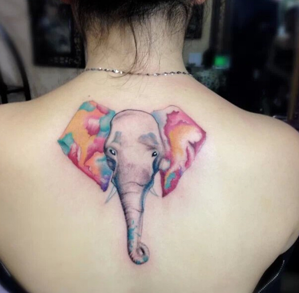 点击大图看下一张：性感女生背部多彩大象纹身图案