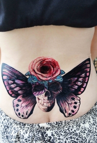 蝴蝶与骷髅玫瑰腰部纹身图案