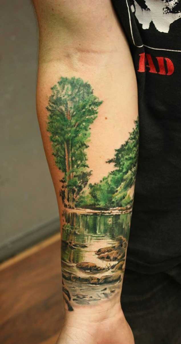 点击大图看下一张：彩色的手臂山水纹身花朵纹身风景大自然植物纹身图案