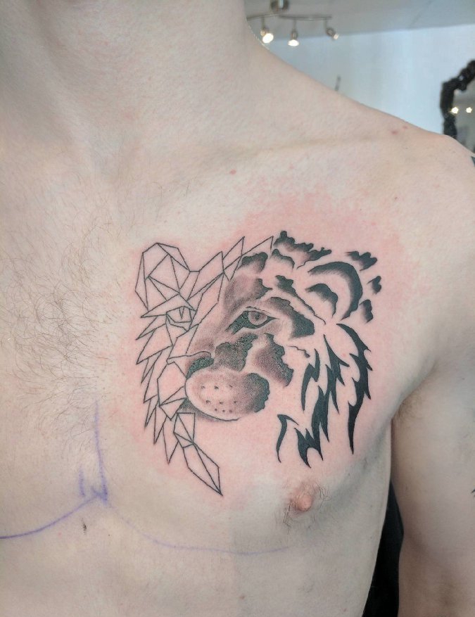 点击大图看下一张：男生胸部纹身黑白灰风格点刺纹身狮子头纹身图片