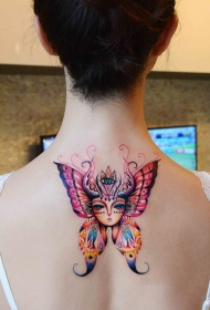蝴蝶女神美女后背炫彩纹身图案