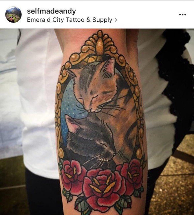 点击大图看下一张：腿上彩绘纹身技巧植物纹身素材花朵纹身猫纹身小动物纹身图片