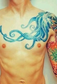 男性半甲章鱼彩色纹身图案