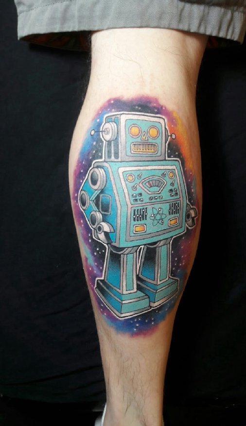 点击大图看下一张：小腿上彩绘纹身技巧星空纹身图几何元素纹身机器人纹身图片