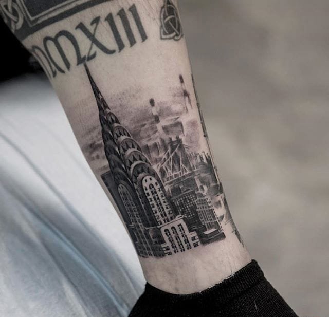 点击大图看下一张:一组关于纽约城市和人物的黑白灰风格点刺纹身图案