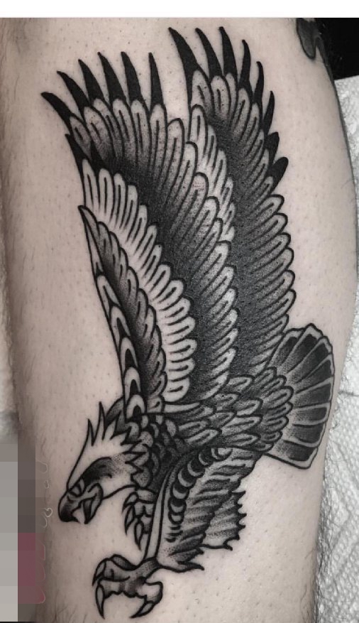 点击大图看下一张：小腿上黑白灰风格几何元素简单线条老鹰动物纹身图片