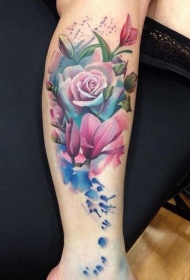 小腿清新白玫瑰花卉水彩纹身图案