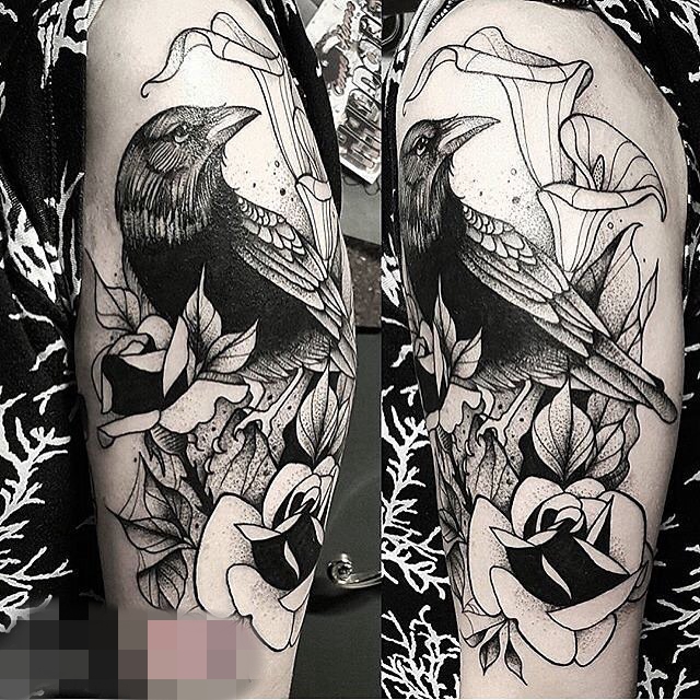 点击大图看下一张：手臂黑白灰风格点刺鸟植物素材花朵简单线条纹身图片