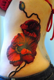 女性腰部红色罂粟花纹身图案