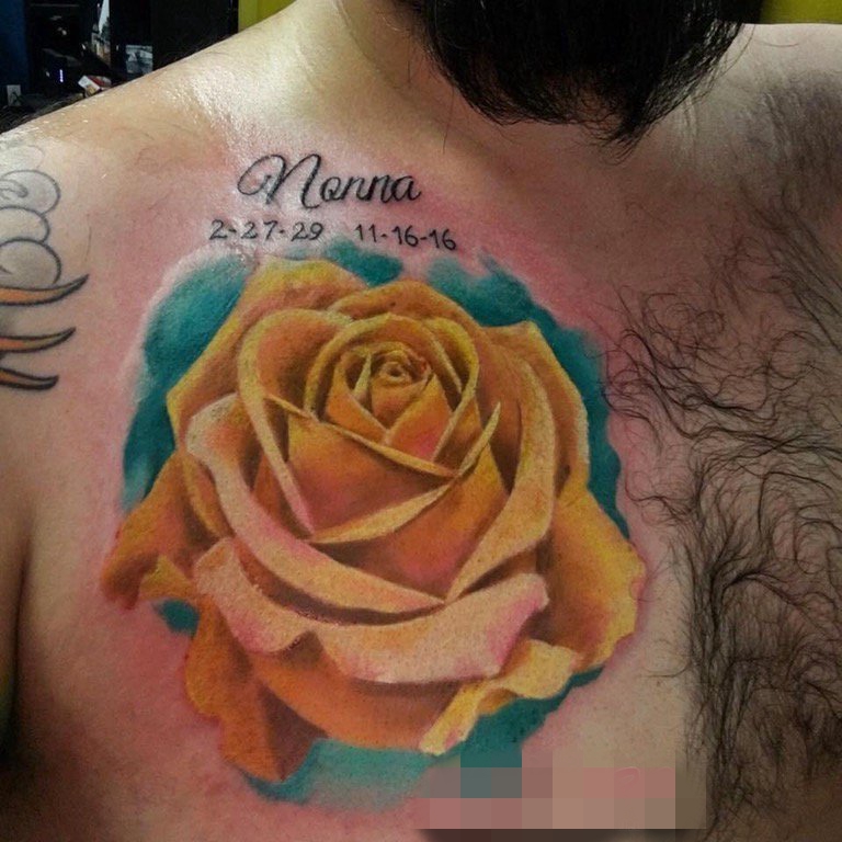点击大图看下一张：男性胸部植物玫瑰花彩色纹身图片