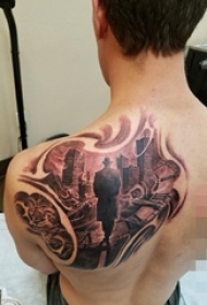 男生肩部纹身黑白灰风格纹身点刺技巧建筑物纹身人物肖像纹身图片
