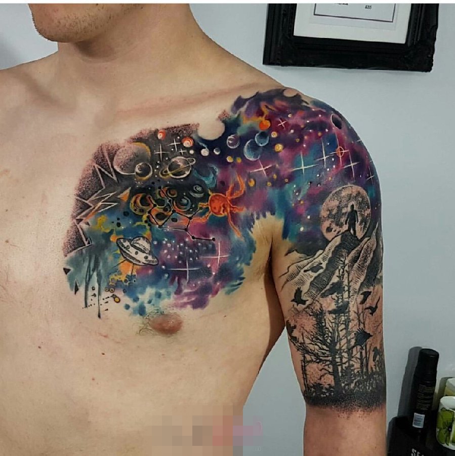 点击大图看下一张：男生半甲纹身彩绘纹身技巧几何元素纹身小星球纹身植物纹身图片