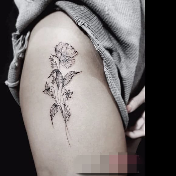 点击大图看下一张：一组女生黑白纹身点刺技巧简约线条纹身植物纹身素材花朵纹身图案