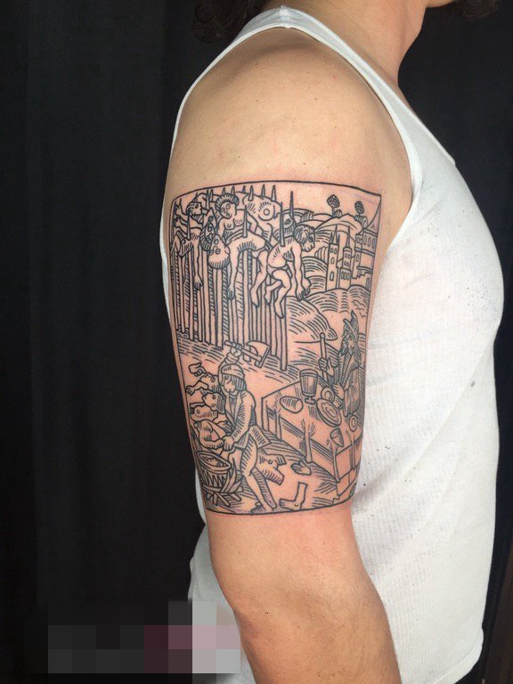 点击大图看下一张：男生手臂上建筑物纹身人物纹身图案大全