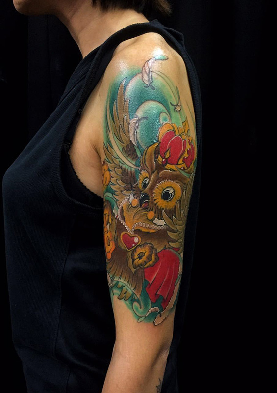 点击大图看下一张：手臂猫头鹰卡通彩绘纹身图案