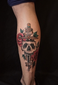 腿部彩绘玫瑰骷髅匕首纹身图案